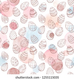 Easter background with eggs. Decorative Esater eggs seamless pattern in pastel colors. Easter eggs with ornaments and watercolor dots.