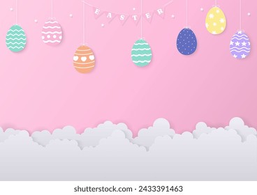 Easter background. Easter eggs, a flag, and a star with a cloud on a pink background. Paper art style.
