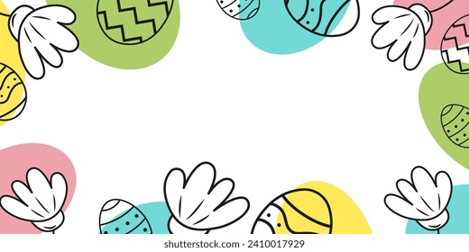 Easter background with eggs and flower. Modern minimal style. Horizontal poster, greeting card.