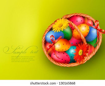 Easter background with Easter eggs and flowers with basket. Vector