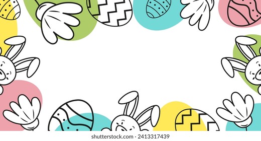 Easter background with eggs and flowers, bunnies. Modern minimalist style. Horizontal poster, greeting card.