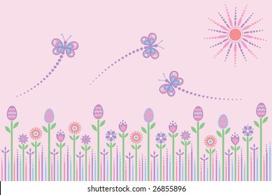 Easter background with eggs, flowers and butterflies.