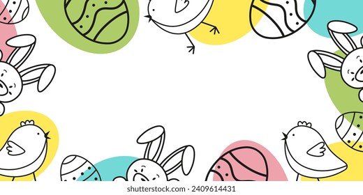 Easter background with eggs and flowers, chickens, bunnies. Modern minimalist style. Horizontal poster, greeting card.