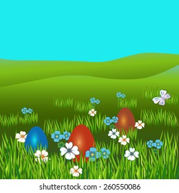 Easter background with eggs, flowers in grass. Vector