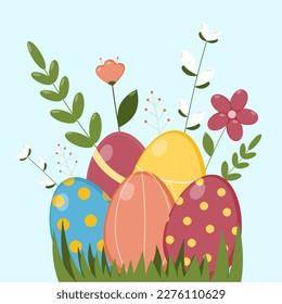 Osterhintergrund mit Eiern und Blumen. Ostergrußkarte.