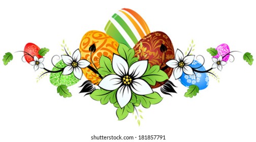 Easter Background with Eggs Flowers and Leaves