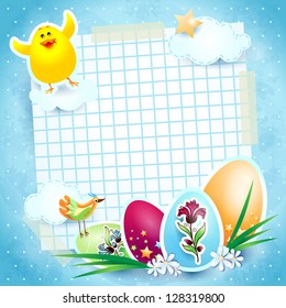 Easter background with eggs and funny chick, vector