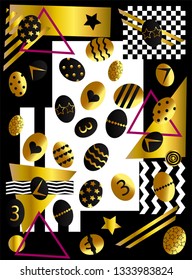 Easter background with eggs, gold and black pop art vector illustration