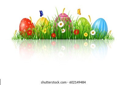 Easter Background With Eggs In Grass