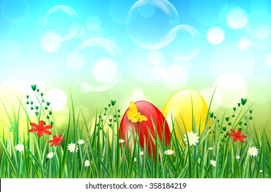 Easter background with easter eggs, grass, butterfly, flowers, bubbles and bokeh background. Vector illustration.