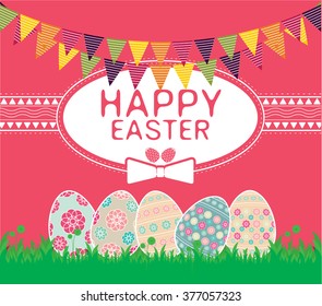 Easter background with eggs in grass and with copy space. Vector of easter eggs, can be used for wallpaper, cover fills, web page background, surface textures. Vector linen texture.