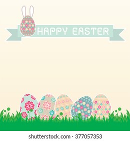 Easter background with eggs in grass and with copy space. Vector of easter eggs, can be used for wallpaper, cover fills, web page background, surface textures. Vector linen texture.