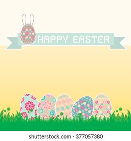 Easter background with eggs in grass and with copy space. Vector of easter eggs, can be used for wallpaper, cover fills, web page background, surface textures. Vector linen texture.