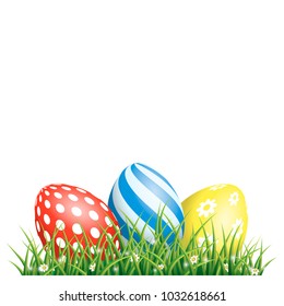 Easter background with eggs in grass and with copyspace
