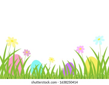 Easter background. Eggs, grass and flowers on white.