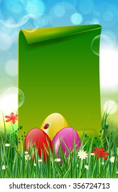 Easter background with easter eggs, grass, flowers and green blank paper for your message. Vector illustration.