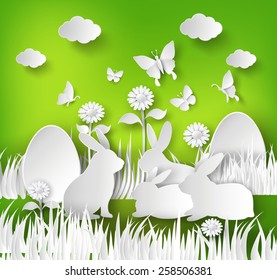 Easter background with eggs in grass.paper art style.