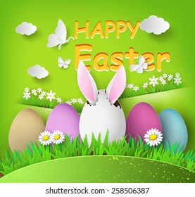 Easter background with eggs in grass.paper art style.