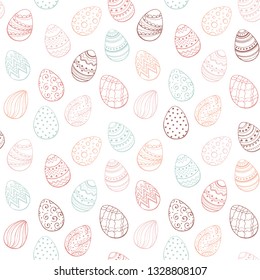 Easter background with eggs hand drawn black on white background. Decorative Esater eggs seamless pattern in red and gold colors. Easter eggs with ornaments in vintage style.