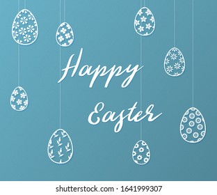 Easter background with eggs and Happy Easter lettering. Template for your festive design. Vector illustration.
