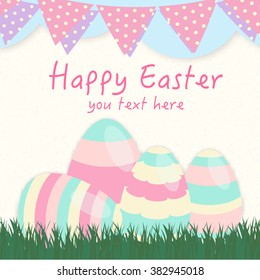 Easter background. Easter eggs laying in green grass with paper texture, blue sky, flag Vector.