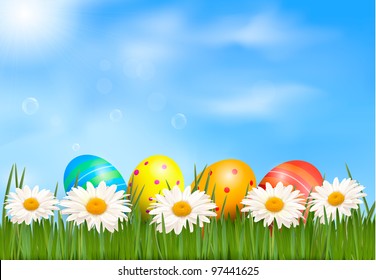 Easter background. Easter eggs laying in green grass with daisy under blue sky. Vector.