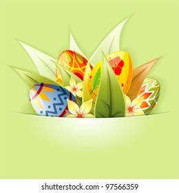 Easter Background with Eggs and Leaves mounted in pocket, vector template