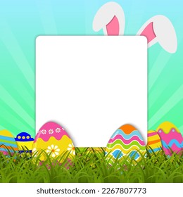 Fondo de Semana Santa con huevos de Pascua sobre hierba verde, orejas de conejito y lugar para tu texto. Plantilla para el diseño festivo de Semana Santa. Ilustración vectorial.