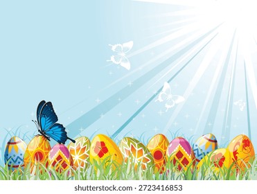 Easter Background Easter Eggs with Ornament in Grass with Sample Text (easy removable), vector illustration
