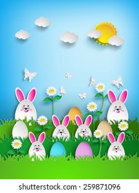 Easter background with eggs and rabbit  in grass .paper art style.