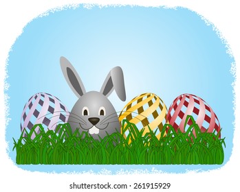 easter background with eggs, rabbit, grass and sky, isolated illustration