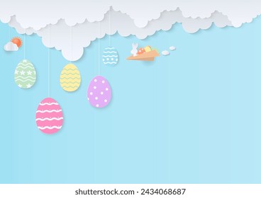 Easter background. Easter eggs and rabbit on a paper airplane with a cloud and copy space in a blue background. Paper art style.
