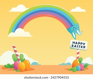 Easter background with Easter eggs and rainbow. in the middle there is a place for copying. Vector illustration