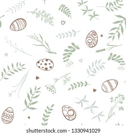 Easter background. Easter eggs, twigs, herbs and flowers. Vector seamless pattern.
