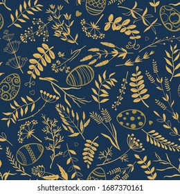 Easter background. Easter eggs, twigs, herbs and flowers on dark blue background. Vector seamless pattern.