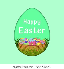 Easter background with Easter eggs in the wicker basket on green grass. Template greeting card for Easter Day. Vector illustration.