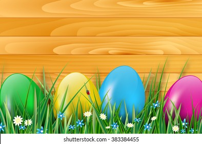 Easter background with easter eggs, wooden planks, grass, and flowers. Vector illustration.