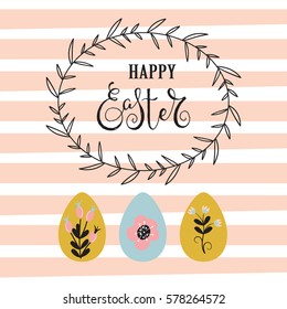Easter background with floral frame and eggs on a striped background in a doodle style. Vector illustration.