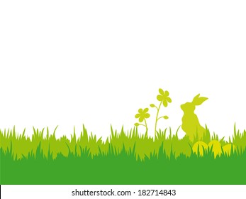 Easter background with flowers, bunny and eggs. Easter vector illustration with silhouettes of bunny, flowers, eggs and grass