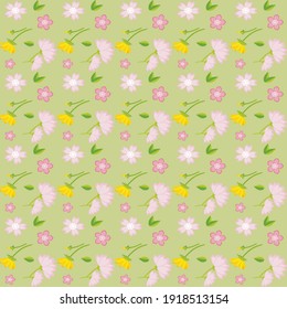 Easter background with flowers, dandelions. Spring cute repeating textures. Easter pattern, spring pattern, paper, wallpaper. Vector illustration