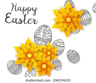 Easter background with flowers and Easter eggs on white background.