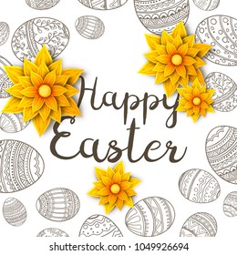 Easter background with flowers and Easter eggs on white background.