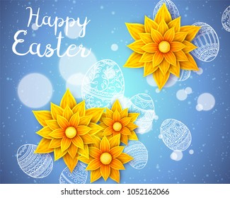 Easter background with flowers and Easter eggs on white background.