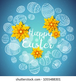 Easter background with flowers and Easter eggs on white background.