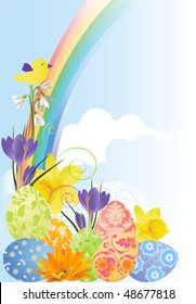 Easter background with flowers and eggs. Vector illustration scale to any size. All elements and textures are individual objects.
