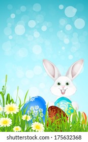 Easter Background with Flowers, Grass, Eggs and Rabbit
