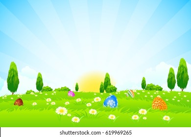 Easter Background with Flowers Grass Eggs and Trees