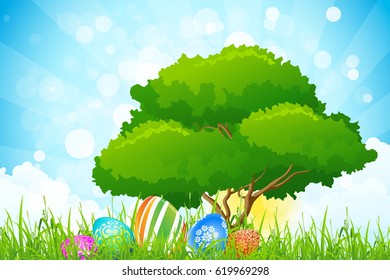 Easter Background with Flowers Grass Eggs and Tree