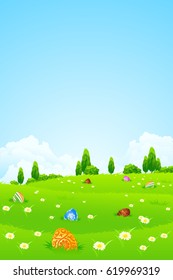Easter Background with Flowers Grass Eggs and Trees
