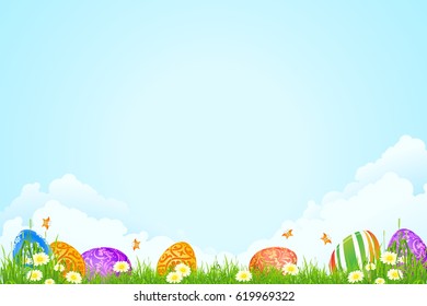 Easter Background with Flowers Grass and Eggs